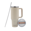 A pink Iconix stainless steel travel flask with a silicone lid, alongside a stainless steel straw, displayed against a white background.