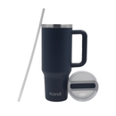 A Iconix stainless steel travel flask in sea blue color with a silicone lid, alongside a clear silicone lid, against a white background.