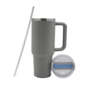 A light grey stainless steel travel flask with a silicone lid and a straw, showing the product in a vertical position with the lid on the left side.