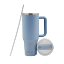 A light blue Iconix stainless steel travel flask with a silicone lid, accompanied by a white straw, displayed against a white background.