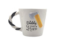 Mug with 'Daddy is my hero' text and axe design on a white background