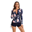 Women's Long Sleeve Blue and Pink Two Piece Boxer Swimsuit