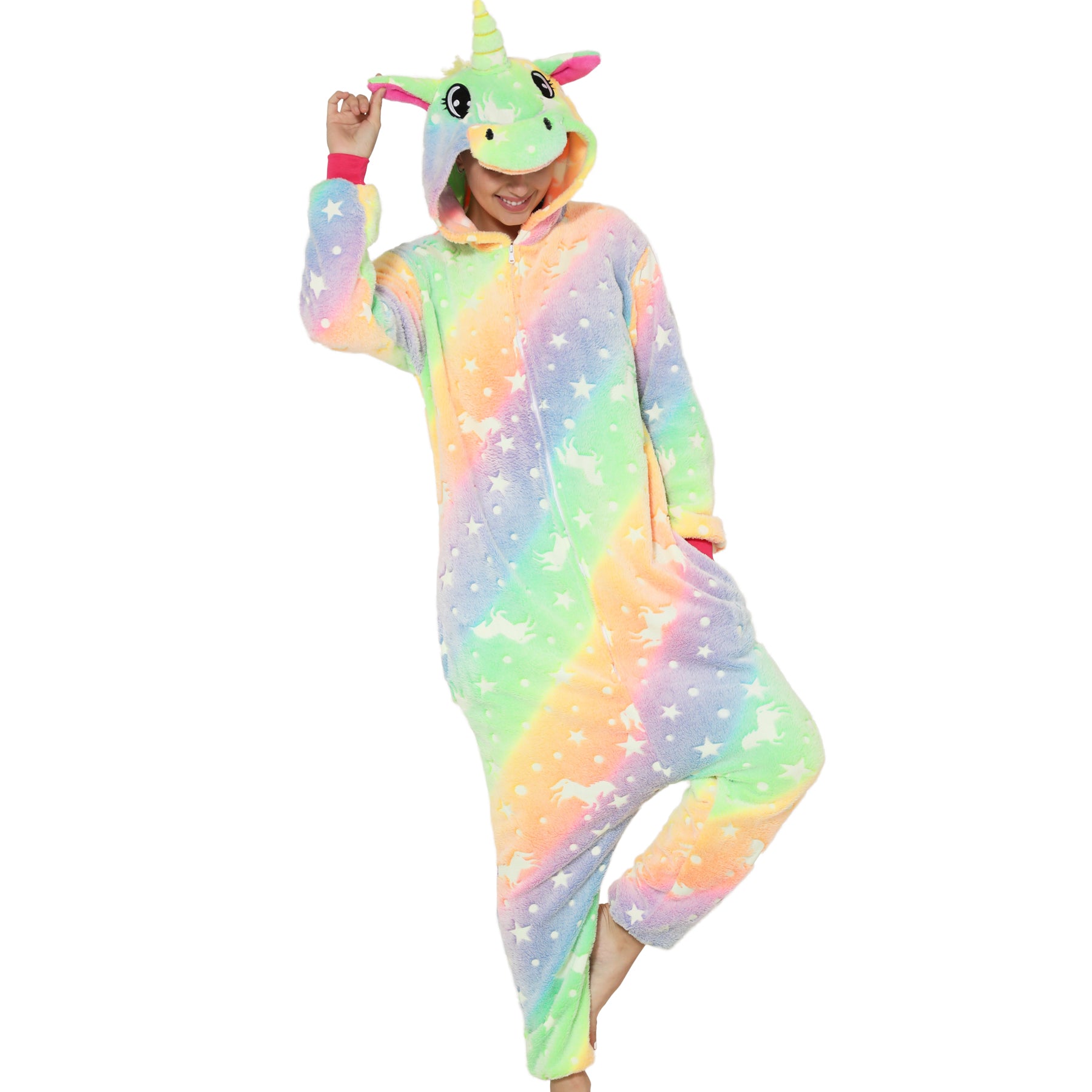 Adults Orange and Green Glow In The Dark Unicorn Onesie