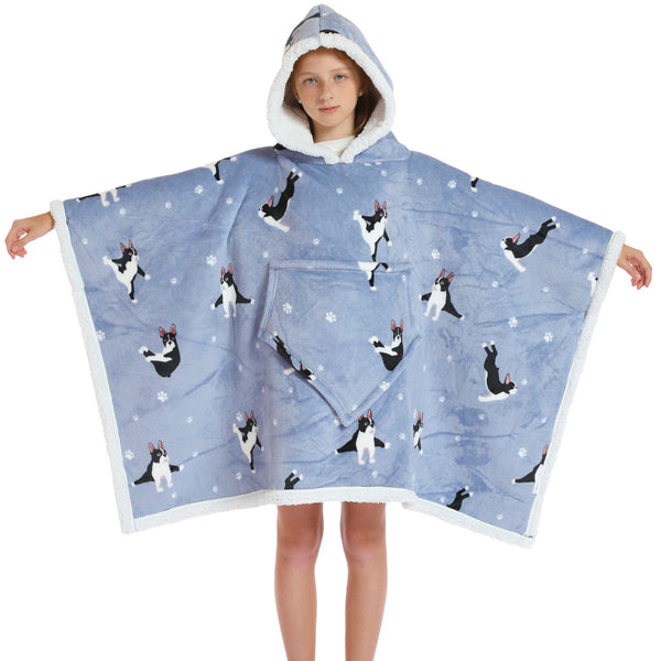 Kids 2 in 1 Grey Boston Terrier Hooded Poncho Blanket Kids Blanket Hoodies Iconix 