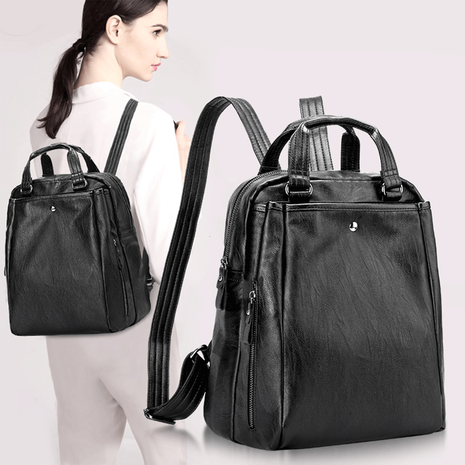 Ladies black 2025 leather backpack