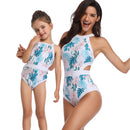 Matching Mom or Daughter Blue Leaf Print One-Piece Swimwear matching bikinis Iconix