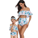Mother or Daughter Matching Off Shoulder Swimsuit -Blue Fern Printed bikini Iconix