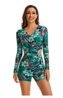 Women's Criss-Cross Teal Floral Leaf Long Sleeve Boxer Swimwear Long Sleeve Swimwear Iconix