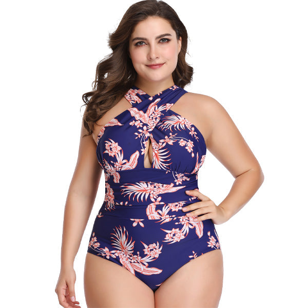 Women's Plus Size Crossover Blue and Coral One-Piece Swimwear