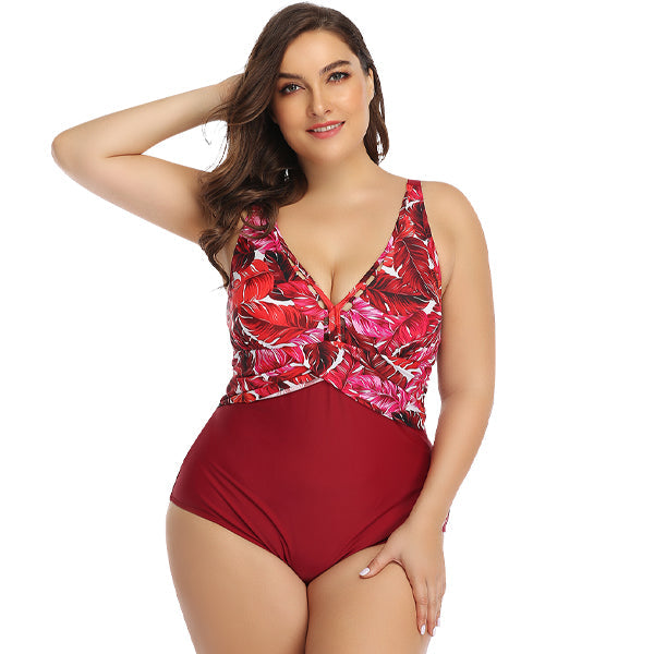 Women's Plus Size Red Tropical One-Piece Swimwear