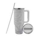A white marble pattern stainless steel travel flask with a silicone lid and a straw, alongside a car cup holder.
