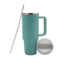 A teal-colored Iconix stainless steel travel flask with a silicone lid and a straw, showcasing the product's features.
