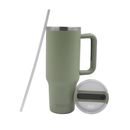 A shale grey Iconix stainless steel travel flask with a silicone lid, a straw, and a handle, displayed against a white background.