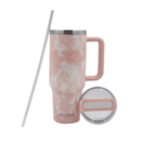 A pink tie-dye stainless steel travel flask with a silicone lid, alongside a clear silicone lid, a straw, and a handle. The flask is designed to fit in car cup holders.