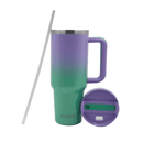 A purple Iconix stainless steel travel flask with a green silicone lid, alongside a clear straw, displayed against a white background.