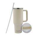A beige Iconix 1.2L stainless steel travel flask with a silicone lid and a straw, displayed alongside its reflection.