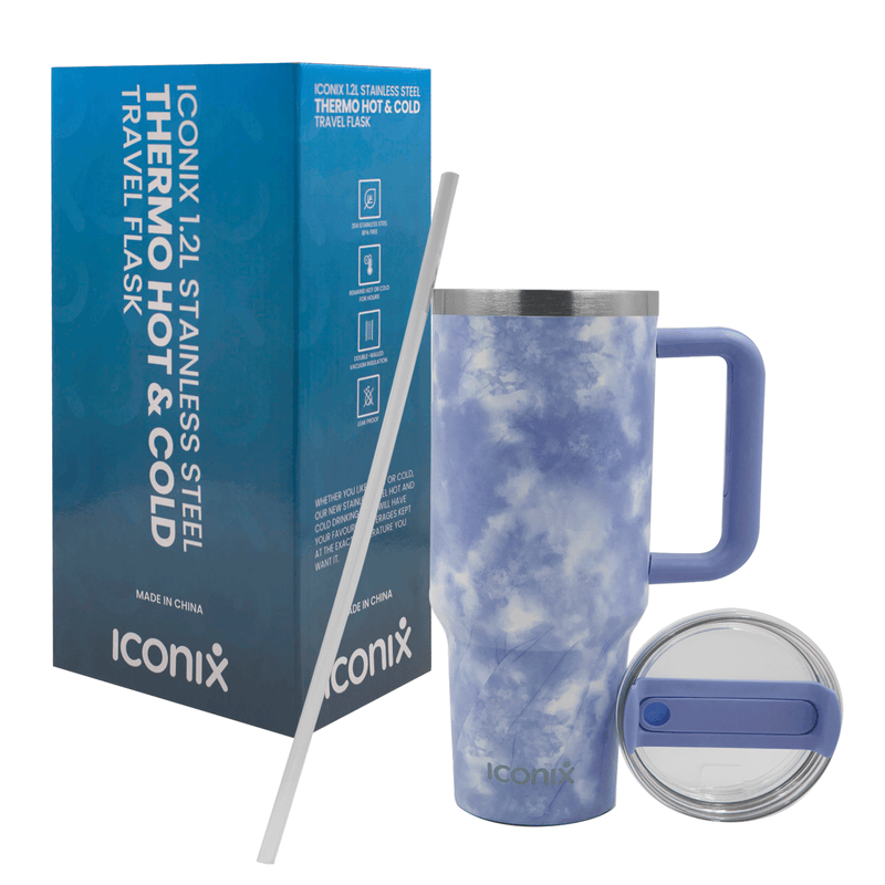 Iconix 1.2L Stainless Steel Travel Flask with Silicone Lid - Blue Tie-Dye