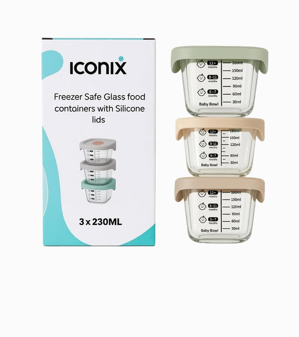 3 Piece Freezer-Safe Glass Food Containers with Silicone Lids