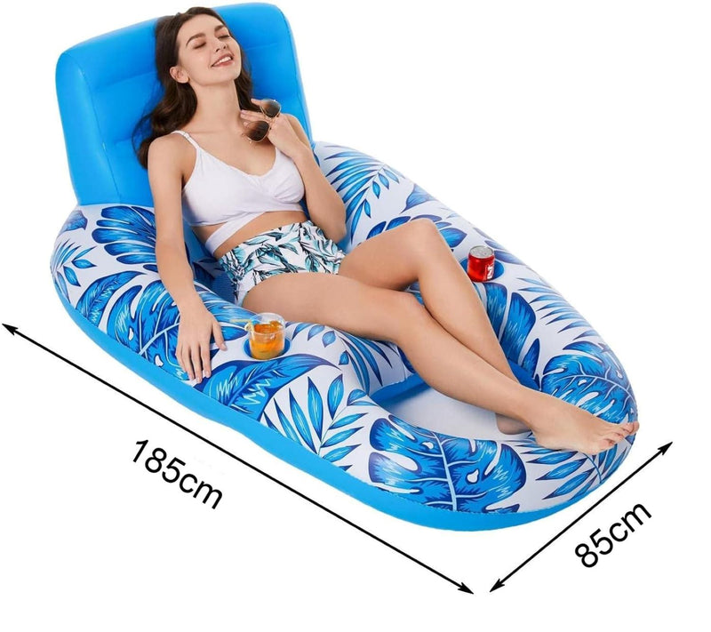 Iconix Blue Leaf Head and Footrest Inflatable Pool Lounger with cup holders