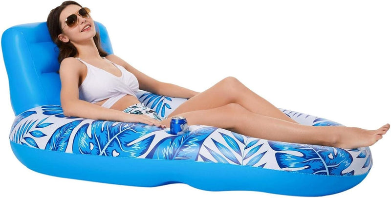 Iconix Blue Leaf Head and Footrest Inflatable Pool Lounger with cup holders