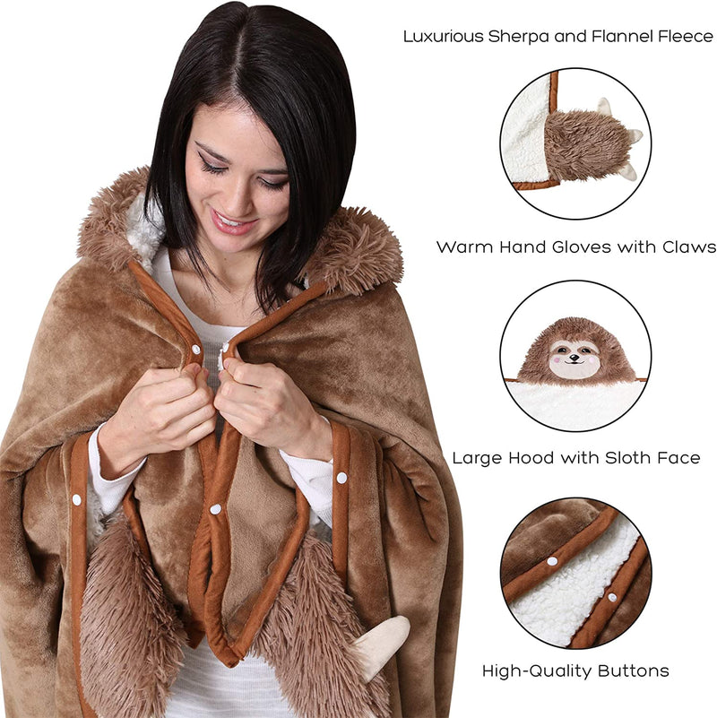 Animal Fluffy Fleece Unisex Hooded Blankets - Brown Sloth