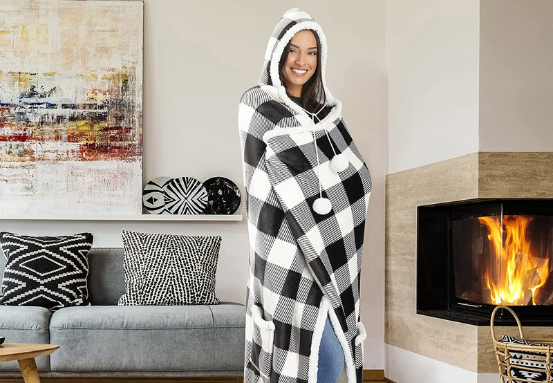 Fluffy Fleece Unisex Oversize Hooded Blanket - White and Black