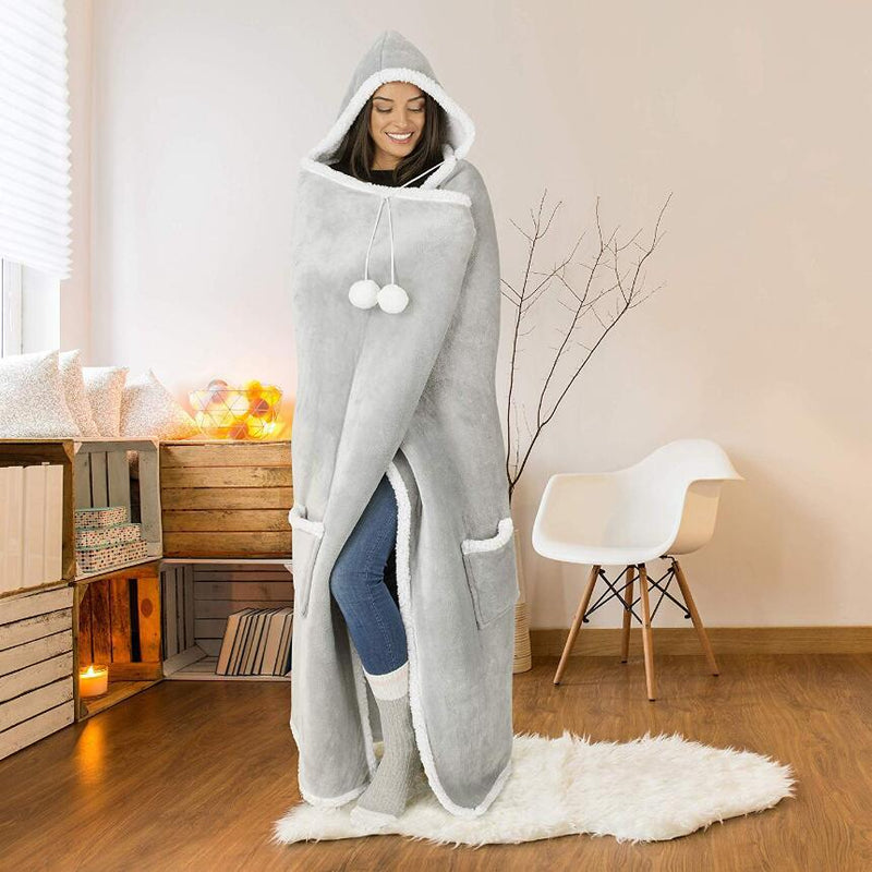 Fluffy Fleece Unisex Oversize Hooded Blanket - Grey