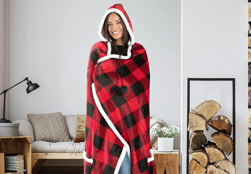 Fluffy Fleece Unisex Oversize Hooded Blanket - Red and Black