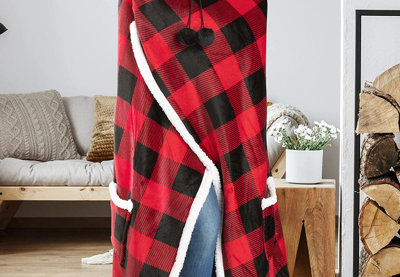 Fluffy Fleece Unisex Oversize Hooded Blanket - Red and Black