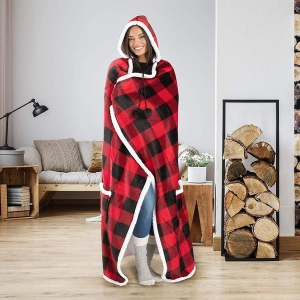 Fluffy Fleece Unisex Oversize Hooded Blanket Red and Black