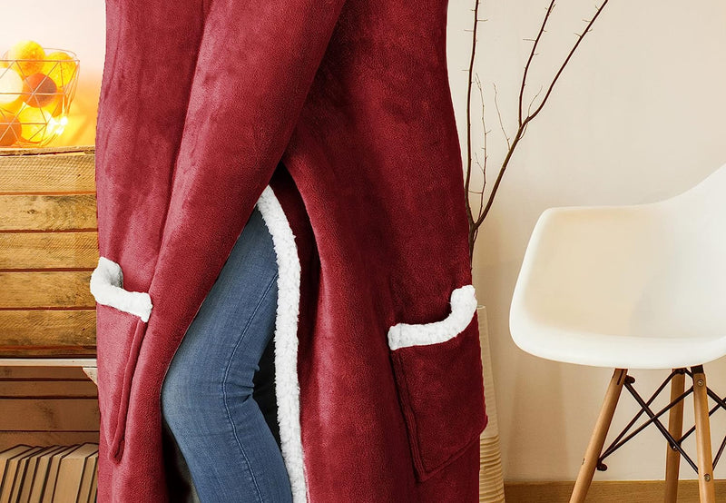 Fluffy Fleece Unisex Oversize Hooded Blanket - Ruby Red