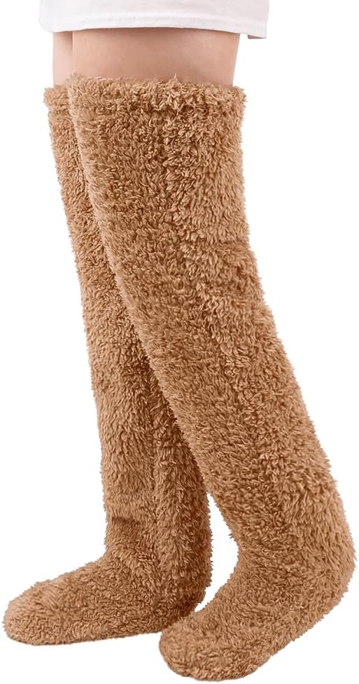 Fluffy Thigh High Leg Warmer Socks - Brown