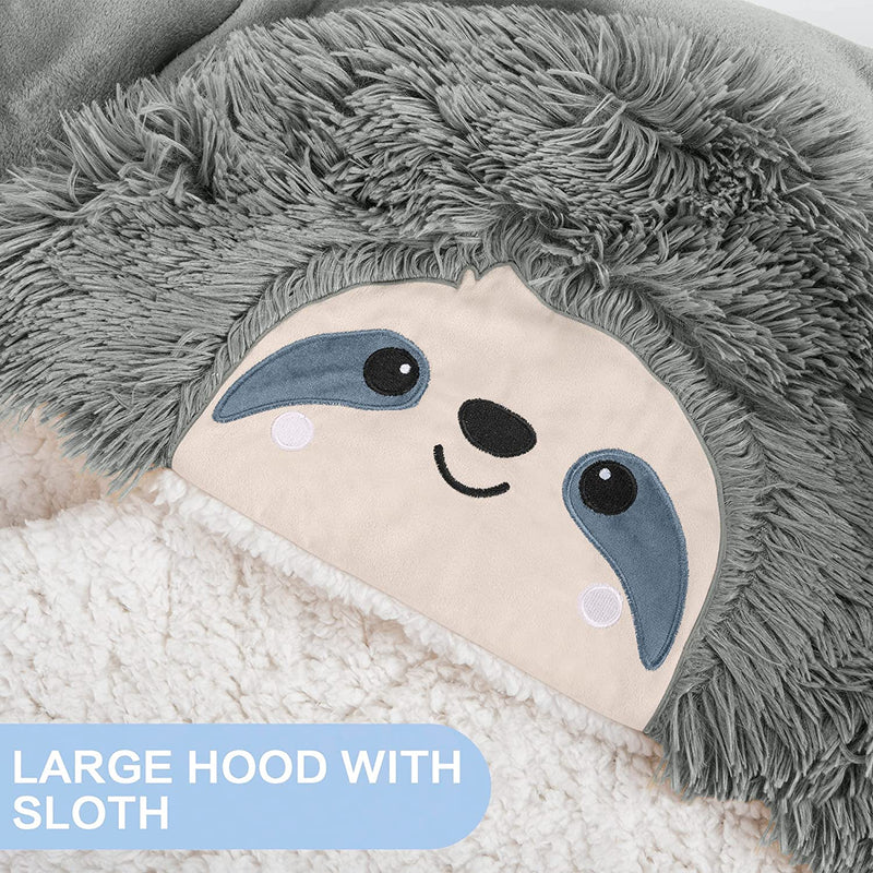 Animal Fluffy Fleece Unisex Hooded Blankets - Grey Sloth