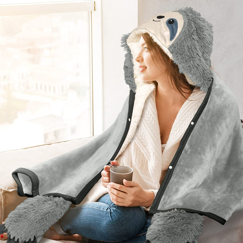Animal Fluffy Fleece Unisex Hooded Blankets - Grey Sloth