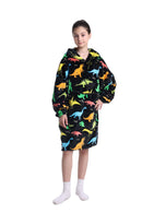 Kids Plush Oversized Blanket Hoodie with Sleeves – Colourful Dino