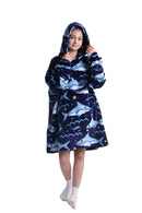 Kids Plush Oversized Blanket Hoodie with Sleeves – Navy Blue Shark