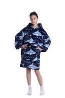 Kids Plush Oversized Blanket Hoodie with Sleeves – Navy Blue Shark