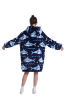 Kids Plush Oversized Blanket Hoodie with Sleeves – Navy Blue Shark