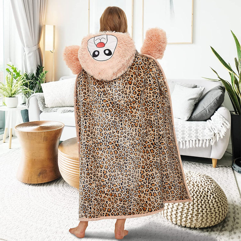 Animal Fluffy Fleece Unisex Hooded Blankets - Leopard