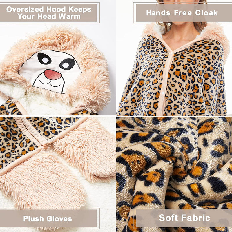 Animal Fluffy Fleece Unisex Hooded Blankets - Leopard