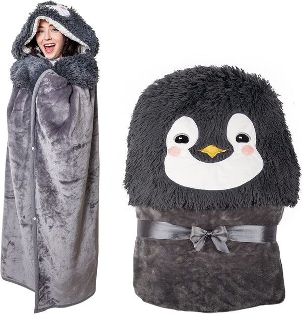 Animal Fluffy Fleece Unisex Hooded Blankets - Penguin