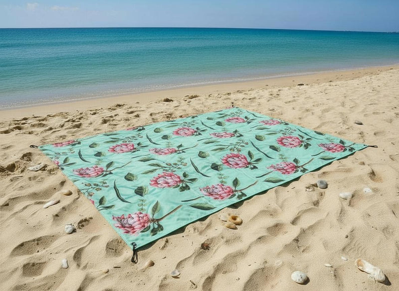 Water Resistant Picnic and Beach Throw/Mat (210×200cm) - Teal Protea