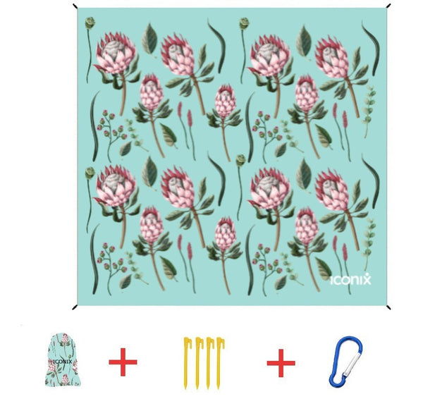 Water Resistant Picnic and Beach Throw/Mat (210×200cm) - Teal Protea