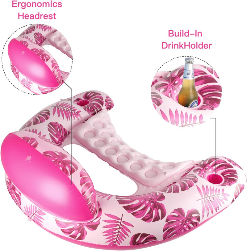 Iconix Pink Leaf Canopy Pool Float and lounger with Cup Holders