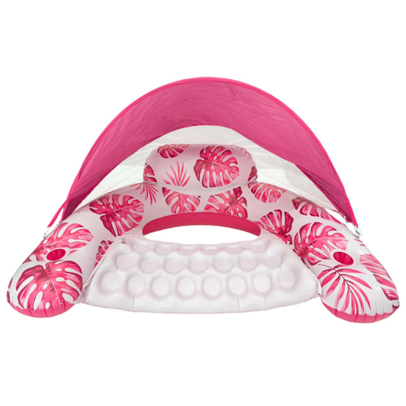 Iconix Pink Leaf Canopy Pool Float and lounger with Cup Holders