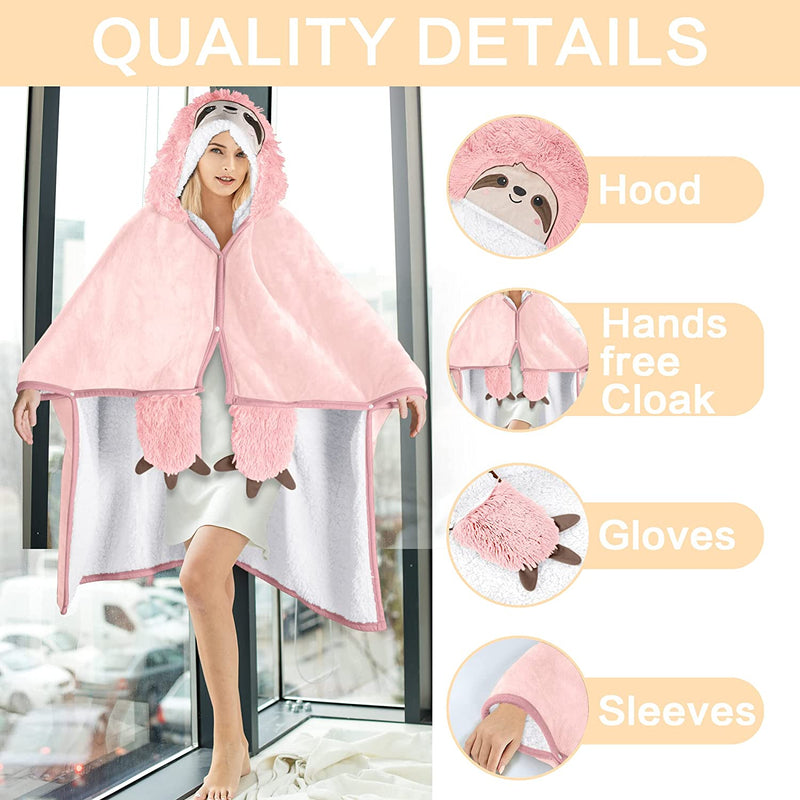 Animal Fluffy Fleece Unisex Hooded Blankets - Pink Sloth