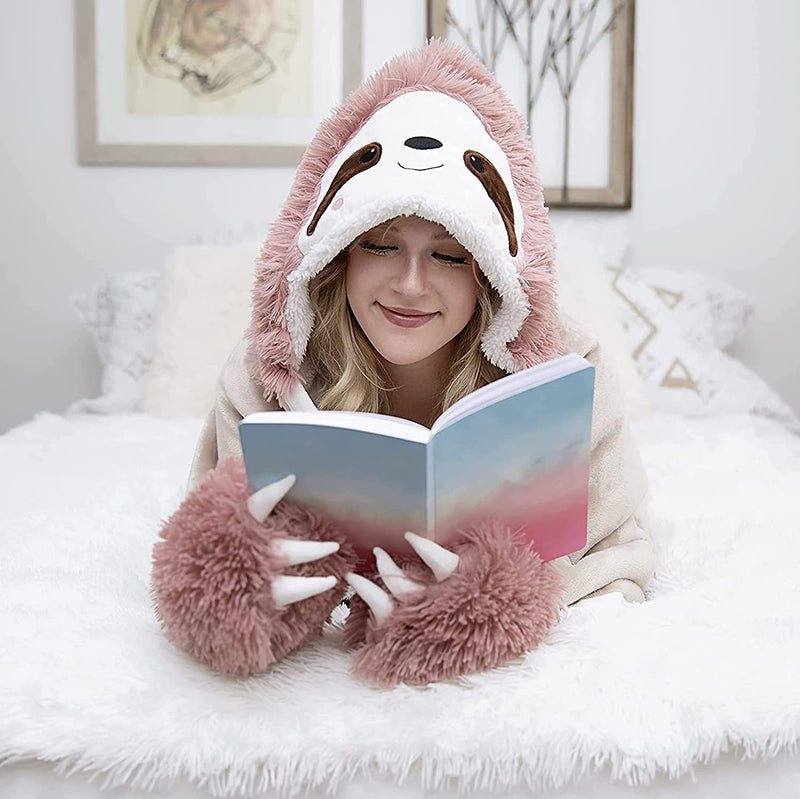 Animal Fluffy Fleece Unisex Hooded Blankets - Pink and Beige Sloth