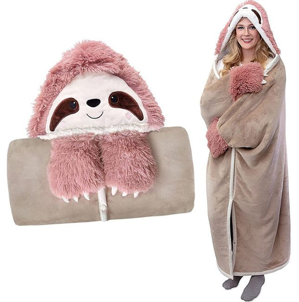Animal Fluffy Fleece Unisex Hooded Blankets - Pink and Beige Sloth