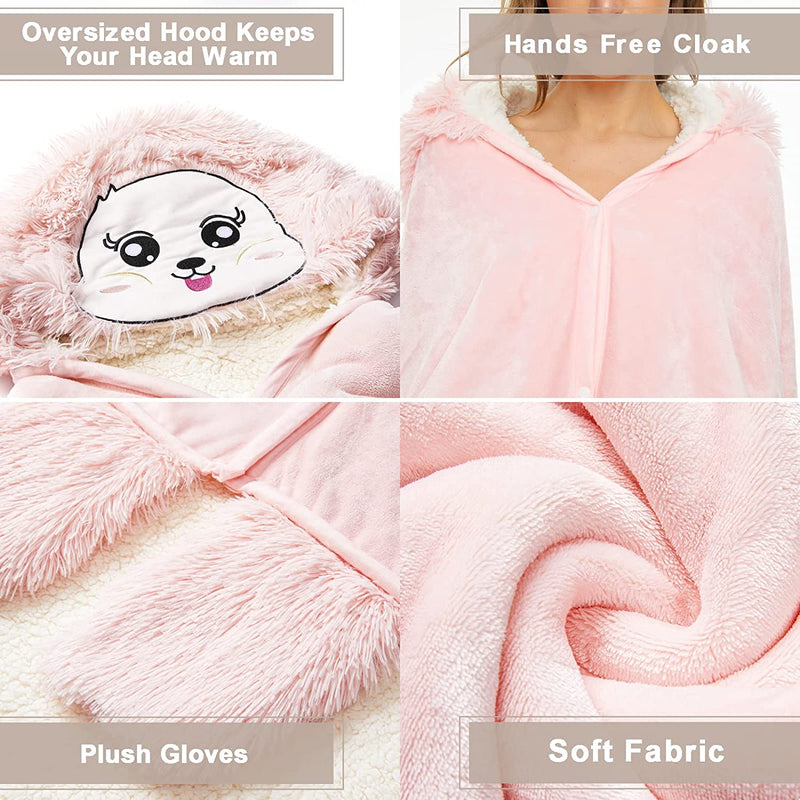 Animal Fluffy Fleece Unisex Hooded Blankets - Pink Squirrel