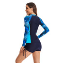 Women's Long Sleeve Blue Fern Two Piece Boxer Swimsuit